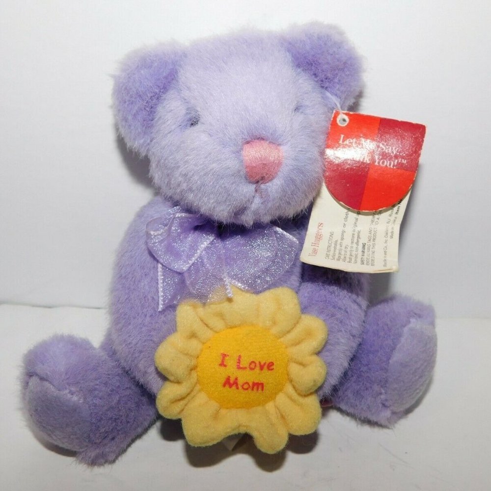 Russ Berrie I LOVE MOM Vase Hugger Purple Teddy Bear Yellow Flower Unused w Tag